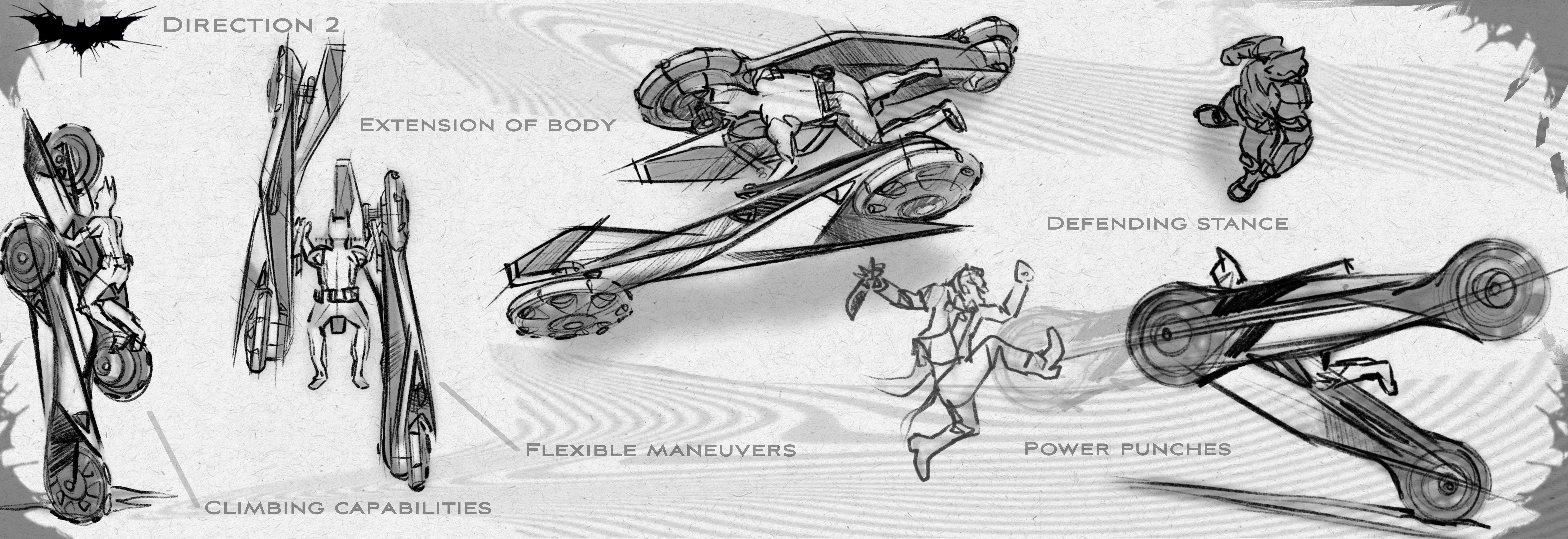 Mobility sketch sheet showing climbing, defending, and striking modes.