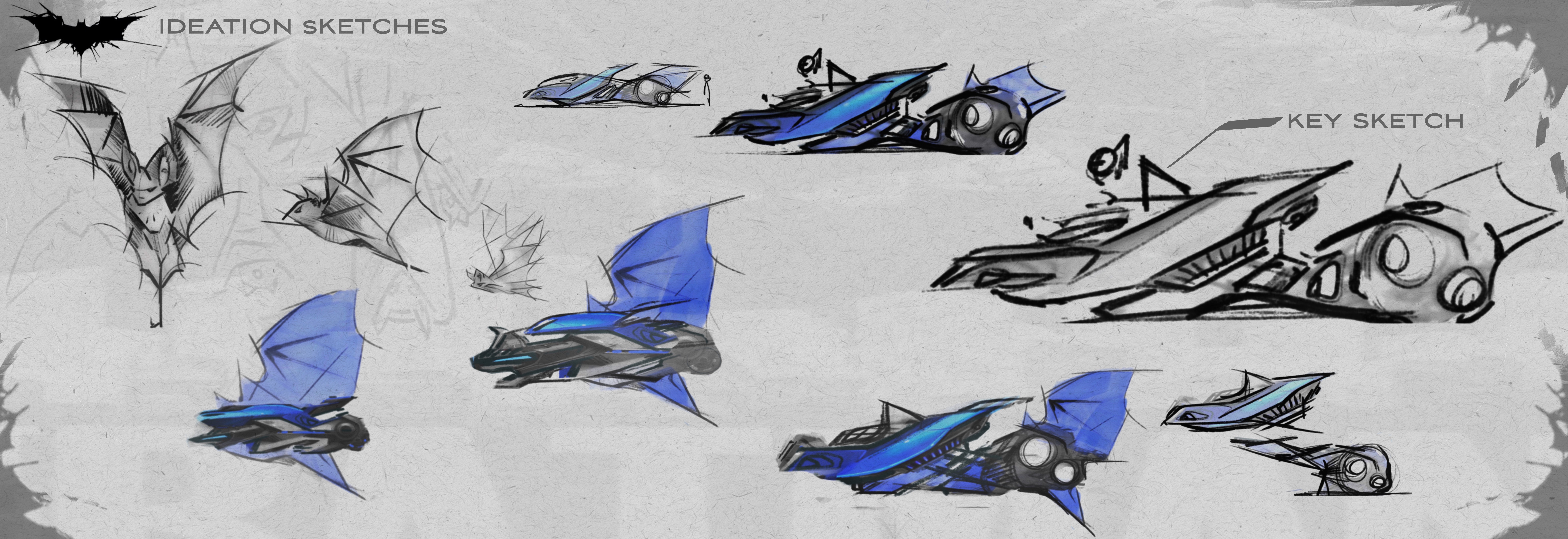 Exploratory ideation sketches inspired by bat wings and motion silhouettes.