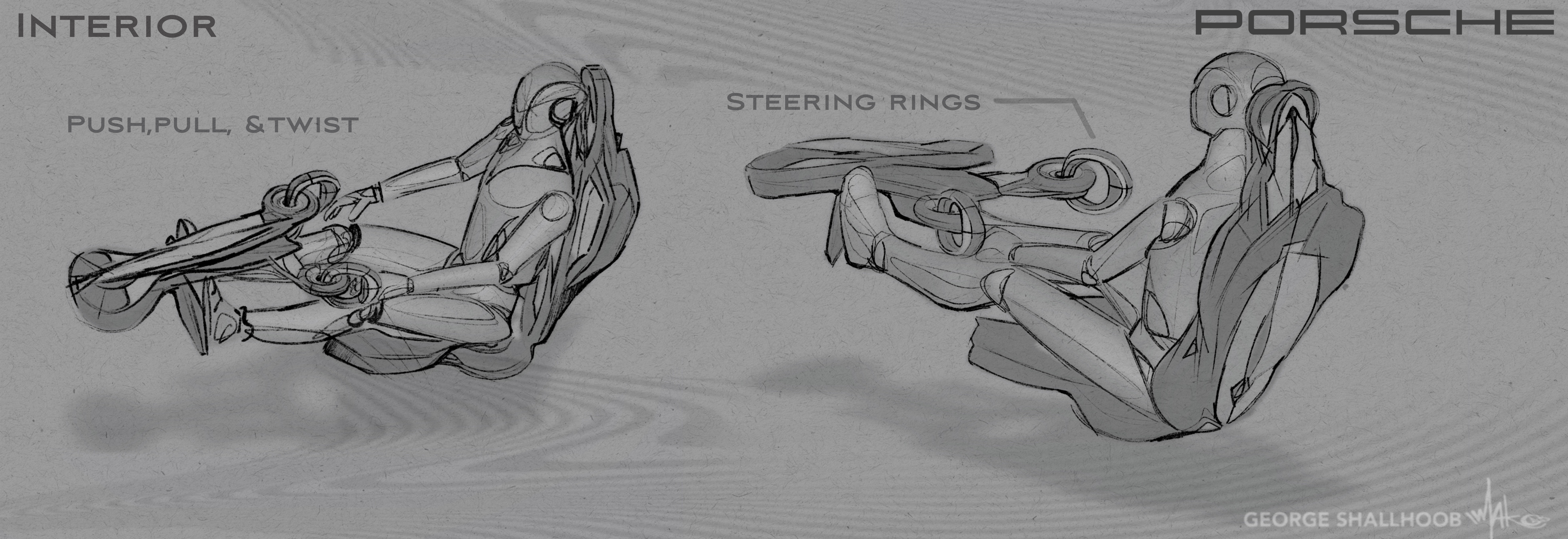Interior control concept using ring steering and full-body input.