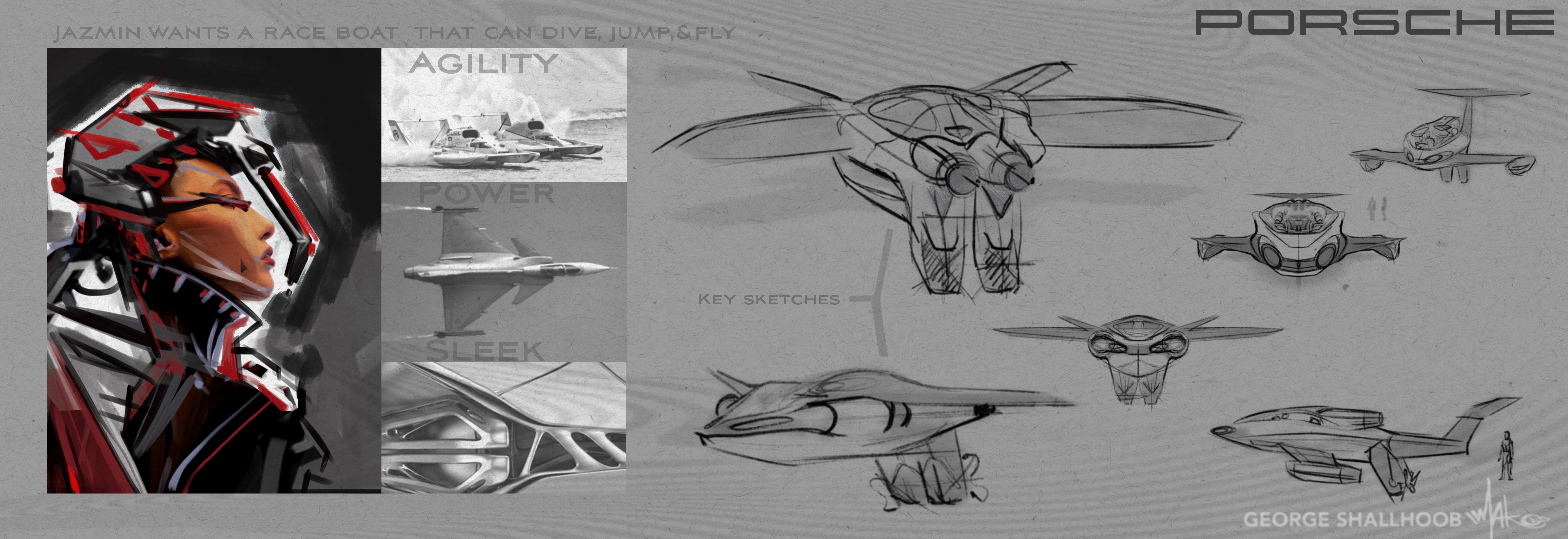 Initial design inspiration combining human expression, jet aerodynamics, and hydro-race agility.