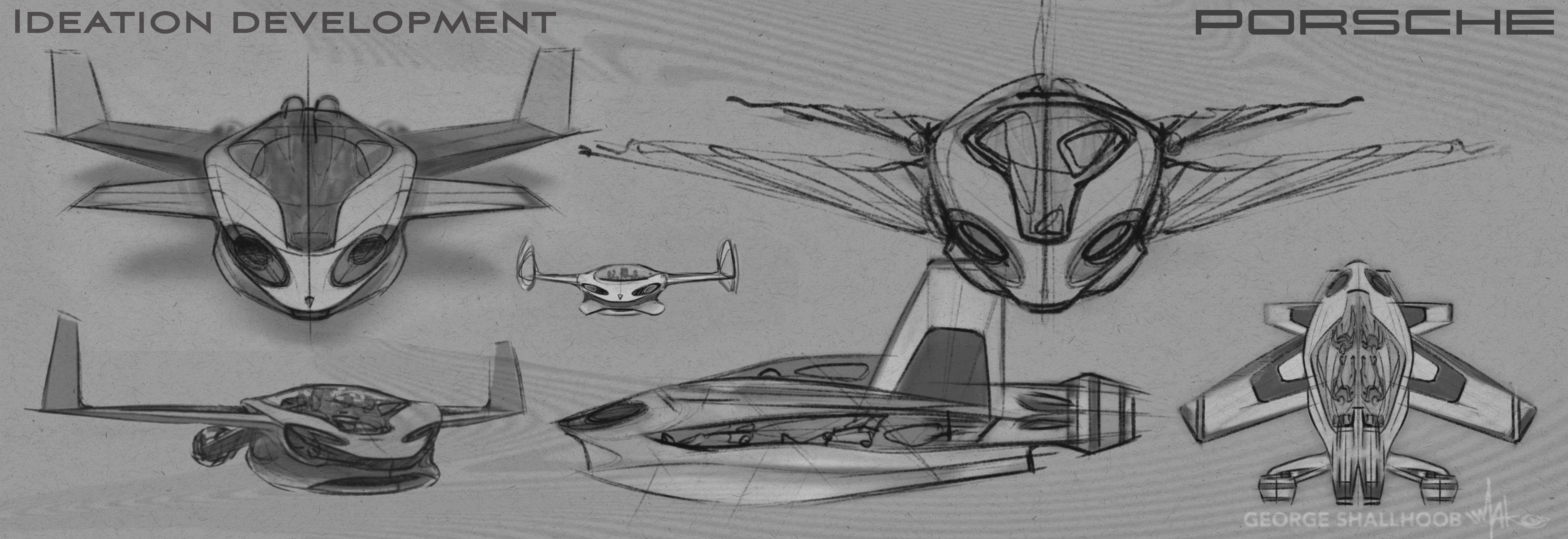 Key sketches exploring agile, compact water-air hybrid vehicle forms.